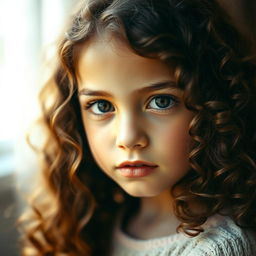A portrait of a girl with curly brown hair cascading down her shoulders, vibrant and full of texture
