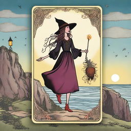 The Fool Tarot card reimagined, featuring a joyous witch standing at the cliff's edge, drawn in the whimsical and magical style of the movie 'Practical Magic'