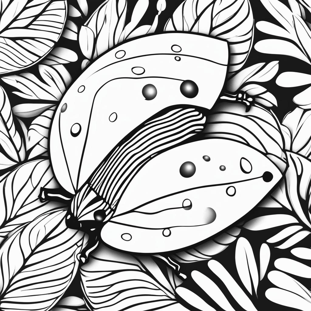 Black and white colouring book page showcasing a simple illustration of a ladybug on a leaf.