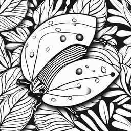 Black and white colouring book page showcasing a simple illustration of a ladybug on a leaf.