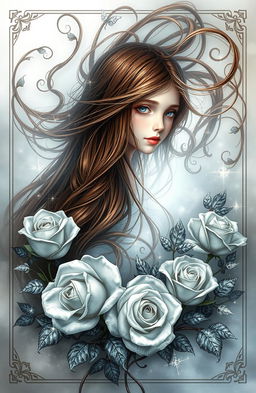 A captivating book cover featuring a girl with long, flowing brown hair, centrally positioned amidst a swirling arrangement of mystical tendrils