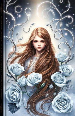 A captivating book cover featuring a girl with long, flowing brown hair, centrally positioned amidst a swirling arrangement of mystical tendrils