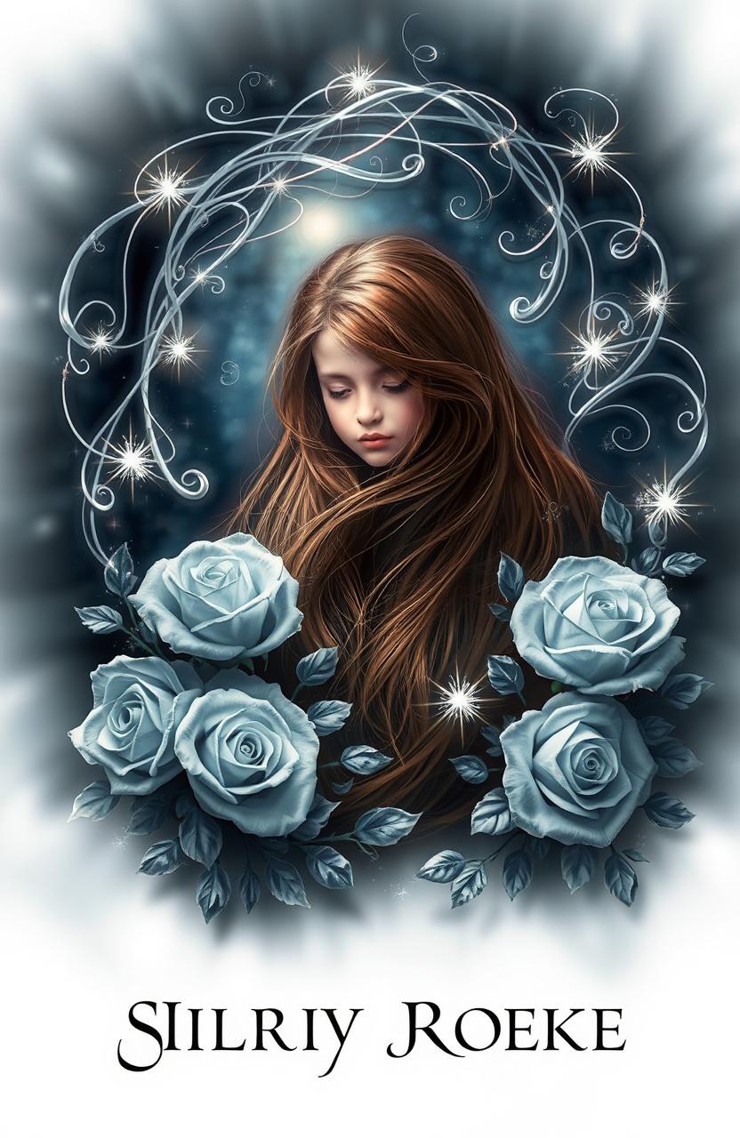 A captivating book cover featuring a girl with long, flowing brown hair, centrally positioned amidst a swirling arrangement of mystical tendrils