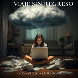 A visually striking scene of an 18-year-old adolescent girl seated on the floor of her living room, deeply focused on her laptop, with papers scattered around her illustrating a sense of chaos