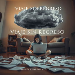 A visually striking scene of an 18-year-old adolescent girl seated on the floor of her living room, deeply focused on her laptop, with papers scattered around her illustrating a sense of chaos