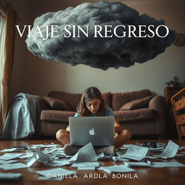 A visually striking scene of an 18-year-old adolescent girl seated on the floor of her living room, deeply focused on her laptop, with papers scattered around her illustrating a sense of chaos