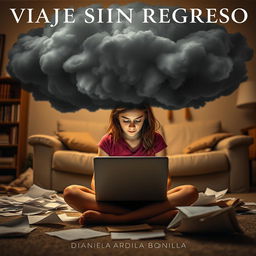 A visually striking scene of an 18-year-old adolescent girl seated on the floor of her living room, deeply focused on her laptop, with papers scattered around her illustrating a sense of chaos