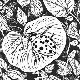 Black and white colouring book page showcasing a simple illustration of a ladybug on a leaf.