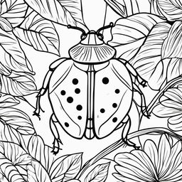 Black and white colouring book page showcasing a simple illustration of a ladybug on a leaf.