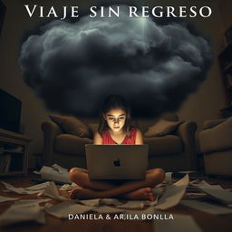 An evocative image of an 18-year-old adolescent girl sitting on the floor of her living room, intensely focused on her laptop while surrounded by scattered papers, highlighting her chaotic environment