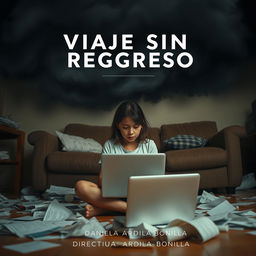 An evocative image of an 18-year-old adolescent girl sitting on the floor of her living room, intensely focused on her laptop while surrounded by scattered papers, highlighting her chaotic environment