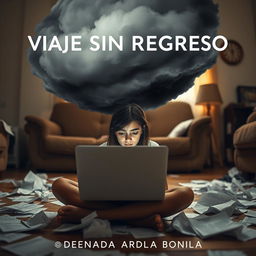 An evocative image of an 18-year-old adolescent girl sitting on the floor of her living room, intensely focused on her laptop while surrounded by scattered papers, highlighting her chaotic environment