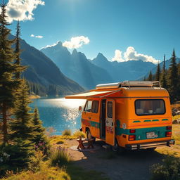 A vibrant and cozy campervan parked by a scenic mountain lake, surrounded by lush evergreen trees and wildflowers