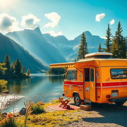A vibrant and cozy campervan parked by a scenic mountain lake, surrounded by lush evergreen trees and wildflowers