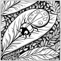 Black and white colouring book page showcasing a simple illustration of a ladybug on a leaf.