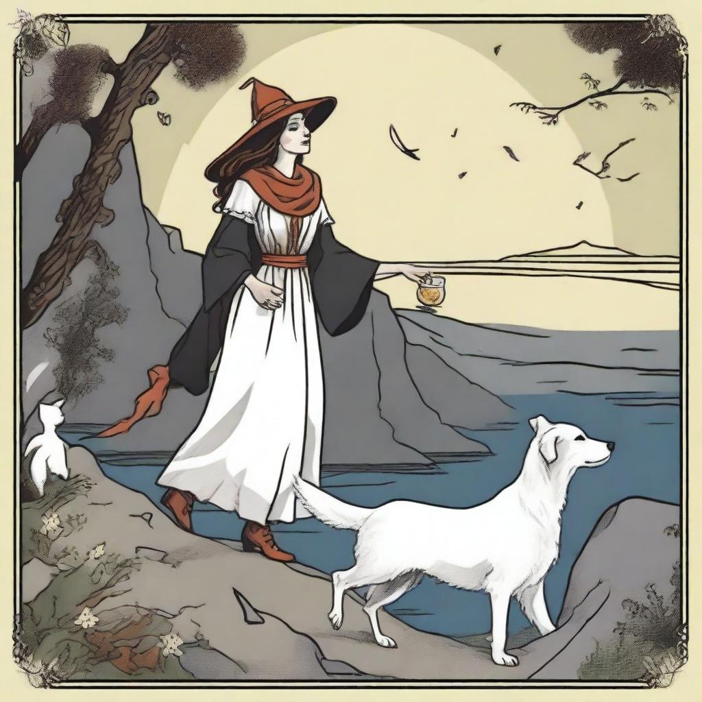 The Fool Tarot card reimagined in the style of 'Practical Magic', featuring a joyful witch standing at a cliff's edge, with a loyal white dog by her side