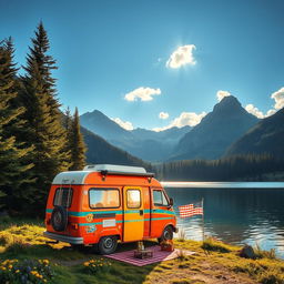 A vibrant and cozy campervan parked by a scenic mountain lake, surrounded by lush evergreen trees and wildflowers