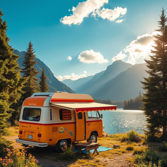 A vibrant and cozy campervan parked by a scenic mountain lake, surrounded by lush evergreen trees and wildflowers