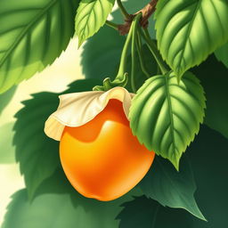 A vibrant and detailed illustration of a physalis fruit (also known as cape gooseberry), nestled amongst lush green leaves