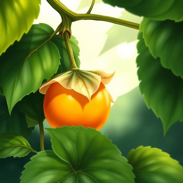 A vibrant and detailed illustration of a physalis fruit (also known as cape gooseberry), nestled amongst lush green leaves