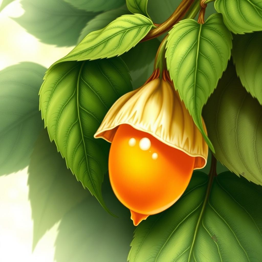 A vibrant and detailed illustration of a physalis fruit (also known as cape gooseberry), nestled amongst lush green leaves