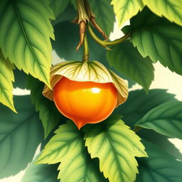 A vibrant and detailed illustration of a physalis fruit (also known as cape gooseberry), nestled amongst lush green leaves