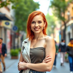 A 39-year-old woman with striking red hair and European features, dressed stylishly in casual yet fashionable clothing