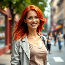 A 39-year-old woman with striking red hair and European features, dressed stylishly in casual yet fashionable clothing