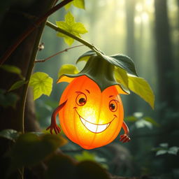 A surreal artistic depiction of a physalis fruit, known as the Chinese lantern plant, transformed into a whimsical and fantastical creature