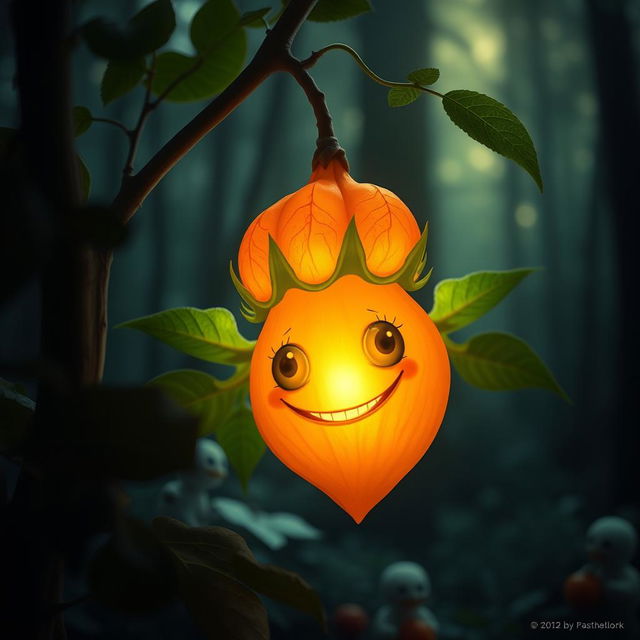 A surreal artistic depiction of a physalis fruit, known as the Chinese lantern plant, transformed into a whimsical and fantastical creature