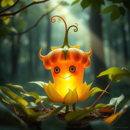 A surreal artistic depiction of a physalis fruit, known as the Chinese lantern plant, transformed into a whimsical and fantastical creature