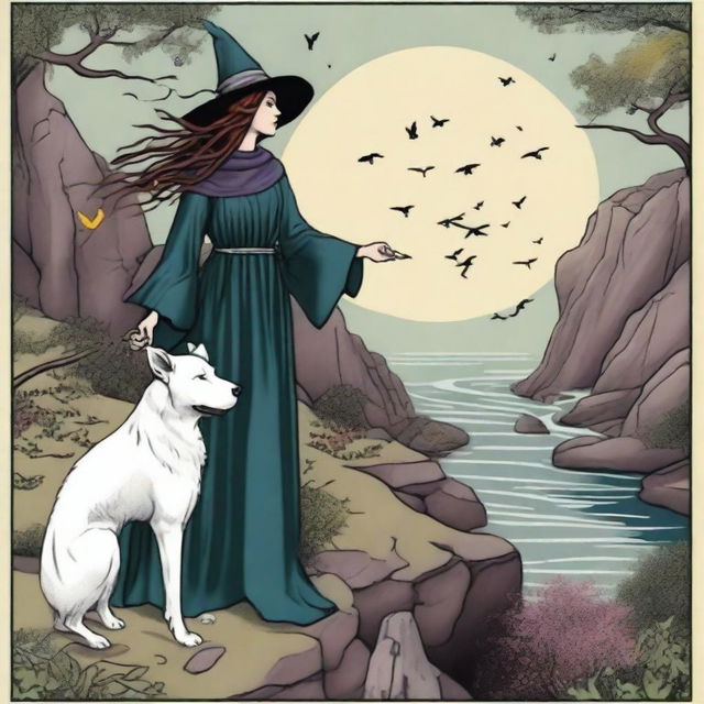 The Fool Tarot card reimagined in the style of 'Practical Magic', featuring a joyful witch standing at a cliff's edge, with a loyal white dog by her side