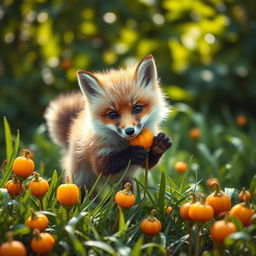 A cute and fluffy young fox, often referred to as a 'kit', playfully interacting with vibrant orange and yellow physalis plants