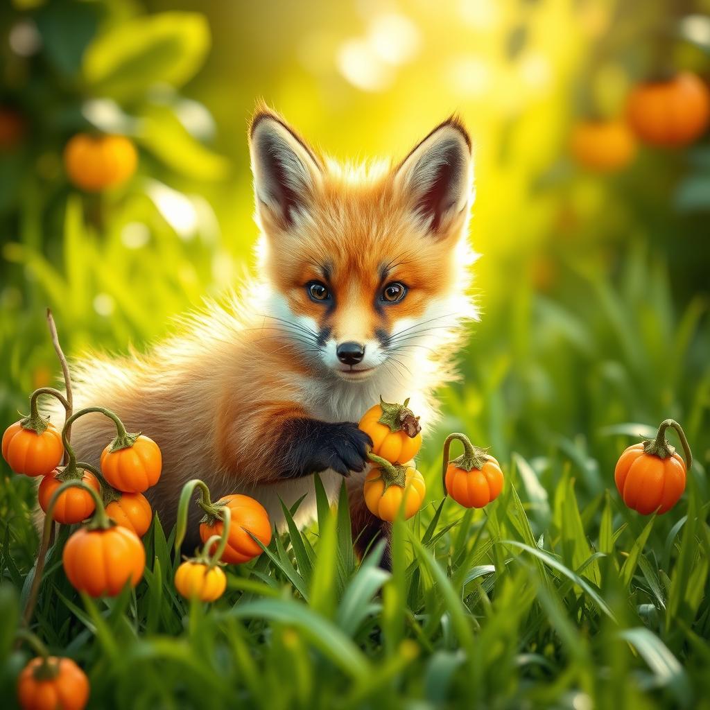 A cute and fluffy young fox, often referred to as a 'kit', playfully interacting with vibrant orange and yellow physalis plants