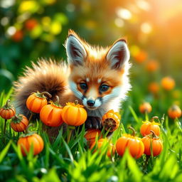 A cute and fluffy young fox, often referred to as a 'kit', playfully interacting with vibrant orange and yellow physalis plants