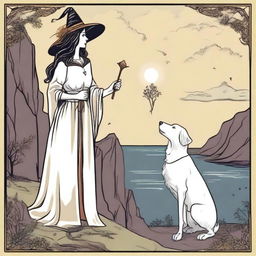 The Fool Tarot card reimagined in the style of 'Practical Magic', featuring a joyful witch standing at a cliff's edge, with a loyal white dog by her side