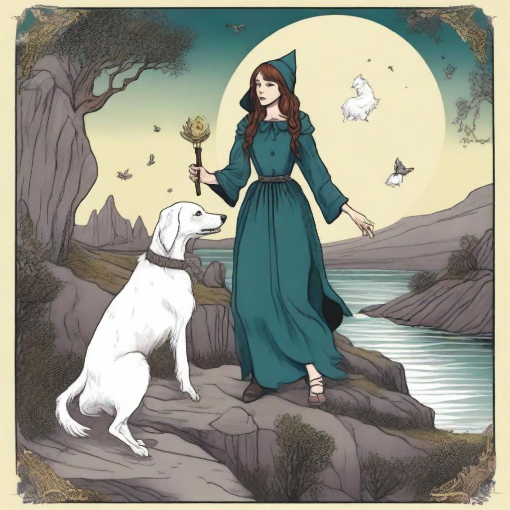 The Fool Tarot card reimagined in the style of 'Practical Magic', featuring a joyful witch standing at a cliff's edge, with a loyal white dog by her side