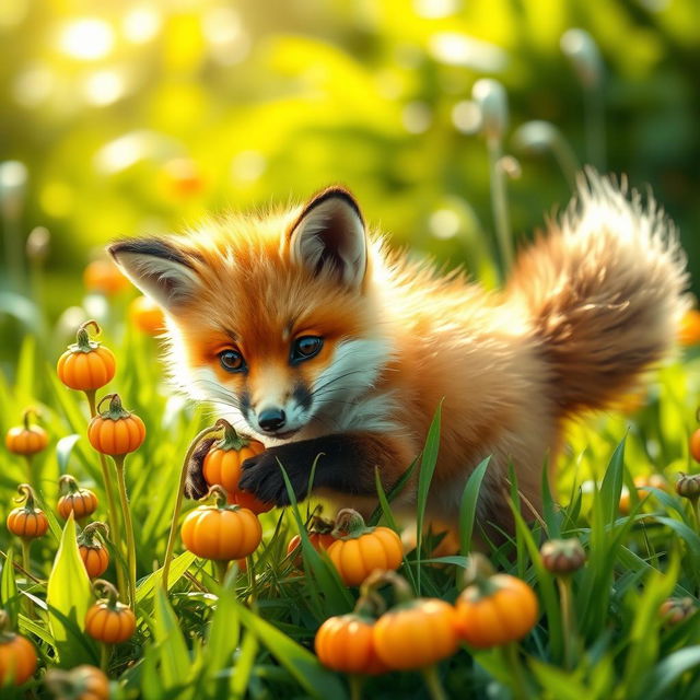 A cute and fluffy young fox, often referred to as a 'kit', playfully interacting with vibrant orange and yellow physalis plants