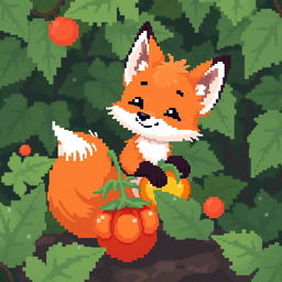 A pixel art depiction of a cute fox with a physalis fruit