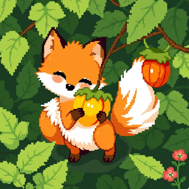 A pixel art depiction of a cute fox with a physalis fruit