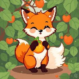 A pixel art depiction of a cute fox with a physalis fruit