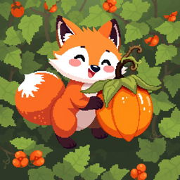 A pixel art depiction of a cute fox with a physalis fruit