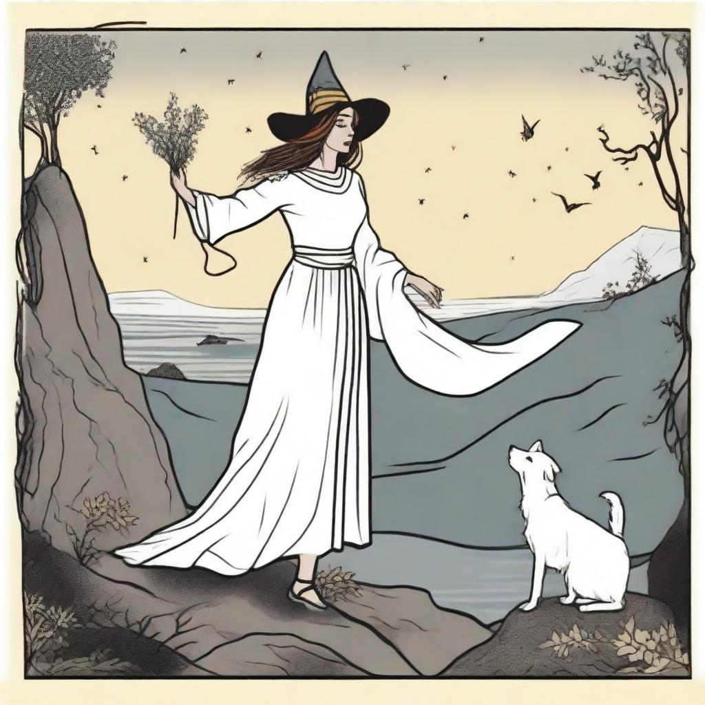 An image capturing The Fool Tarot card in the style of 'Practical Magic', where a thrilled witch stands on the brink of a cliff, a small white dog by her feet