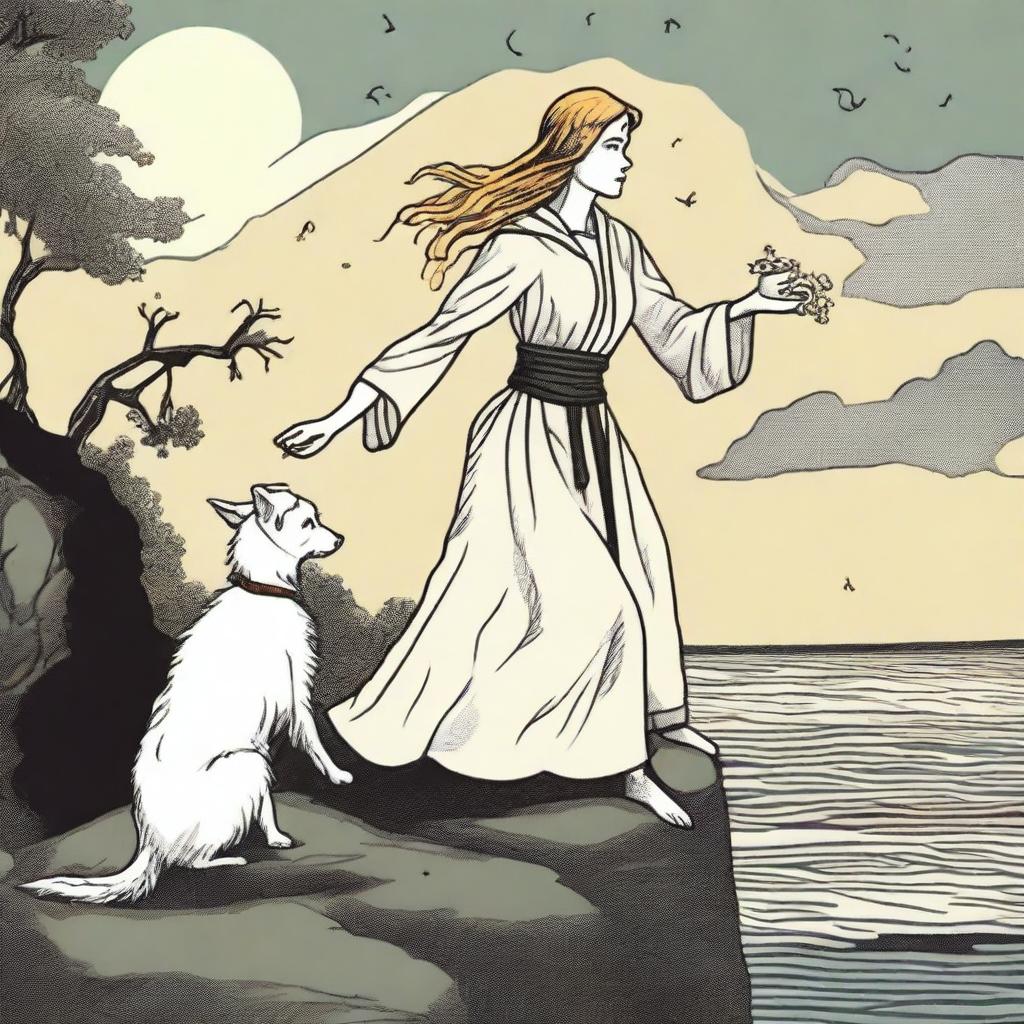 An image capturing The Fool Tarot card in the style of 'Practical Magic', where a thrilled witch stands on the brink of a cliff, a small white dog by her feet