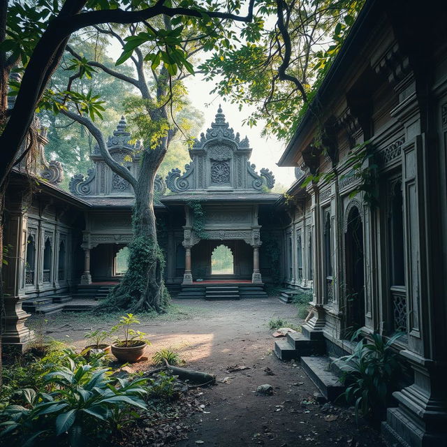 A series of stunning abandoned buildings in Indonesia, showcasing intricate architecture and overgrown vegetation