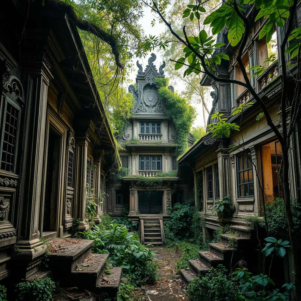 A series of stunning abandoned buildings in Indonesia, showcasing intricate architecture and overgrown vegetation