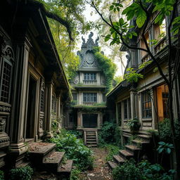 A series of stunning abandoned buildings in Indonesia, showcasing intricate architecture and overgrown vegetation