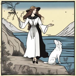 An image capturing The Fool Tarot card in the style of 'Practical Magic', where a thrilled witch stands on the brink of a cliff, a small white dog by her feet