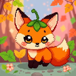 A cute pixel art fox that resembles a physalis fruit, featuring vibrant orange and green hues