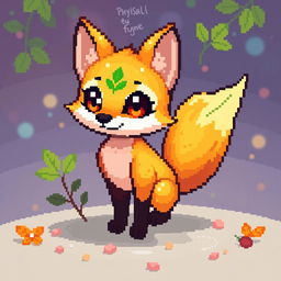 A cute pixel art fox that resembles a physalis fruit, featuring vibrant orange and green hues